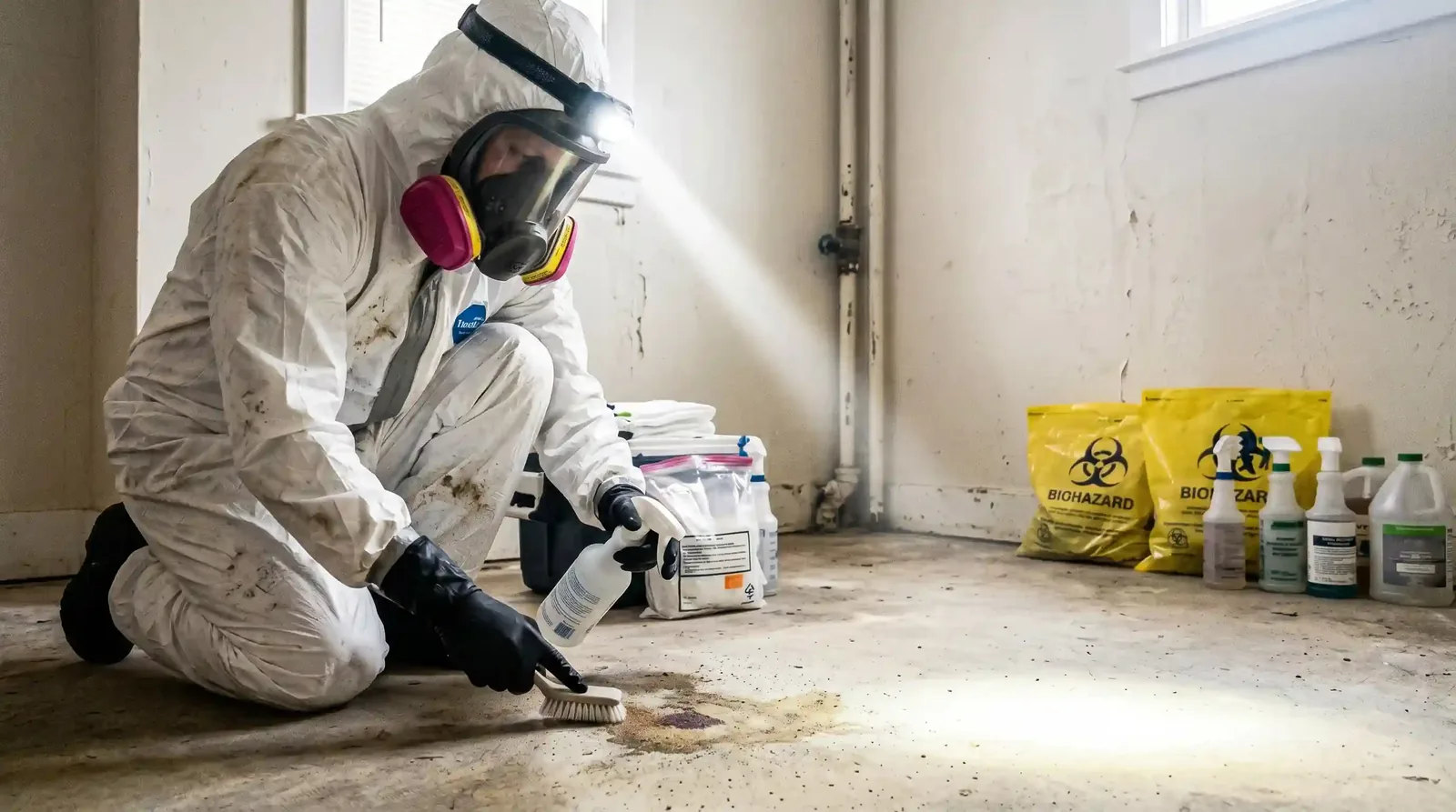 Certified Biohazard & Trauma Scene Remediation specialists performing decontamination remediation in Houston TX 77001